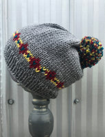 Grey Hat with Teal/Red/Yellow Stripe & Pompom, toddler-child